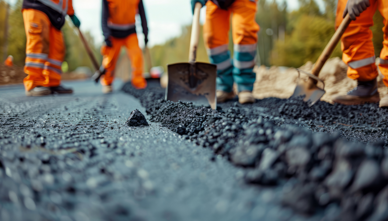 Construction workers laying asphalt.