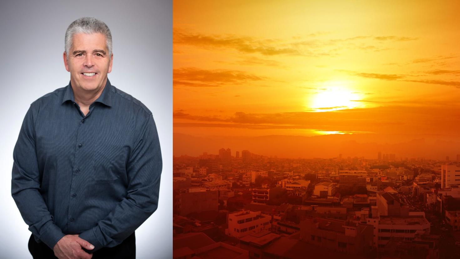 Glen Kenny with image of sun over a city
