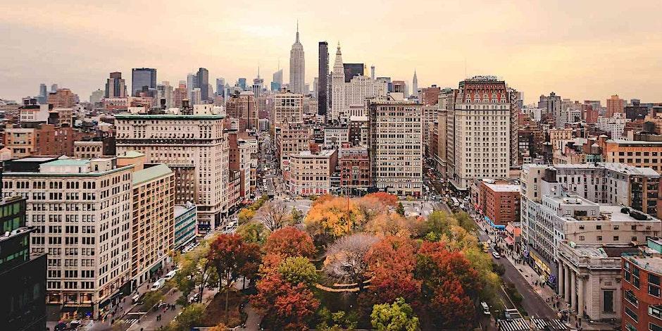 New York City skyline including central park at sunrise or sunset