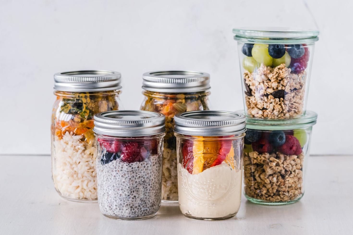 Mason jars with healthy food inside