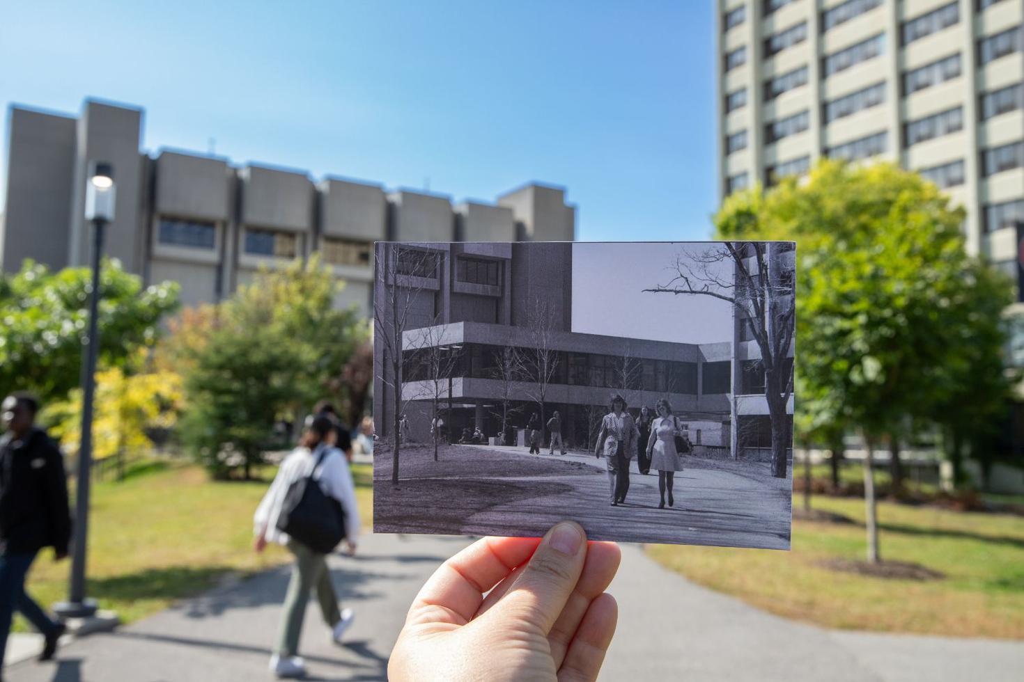 Black and white photo of the campus in front of the campus