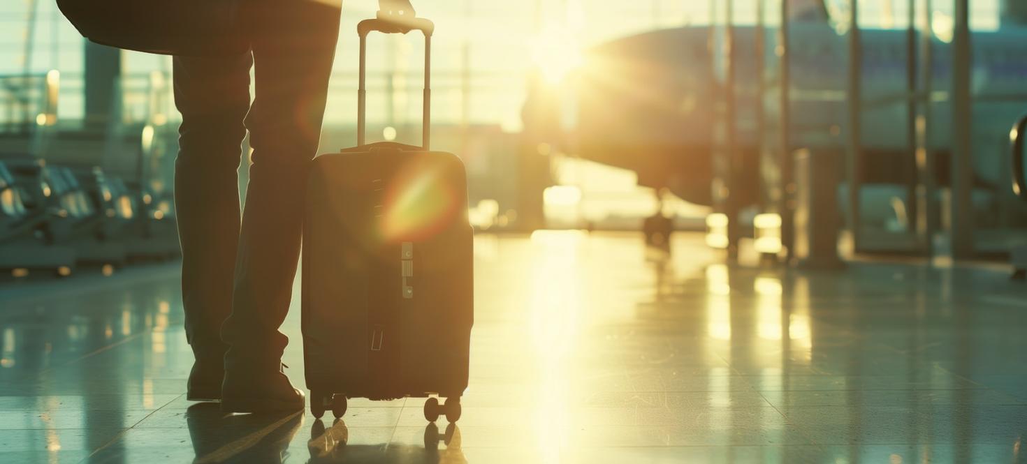 man in airport with luggage in tow