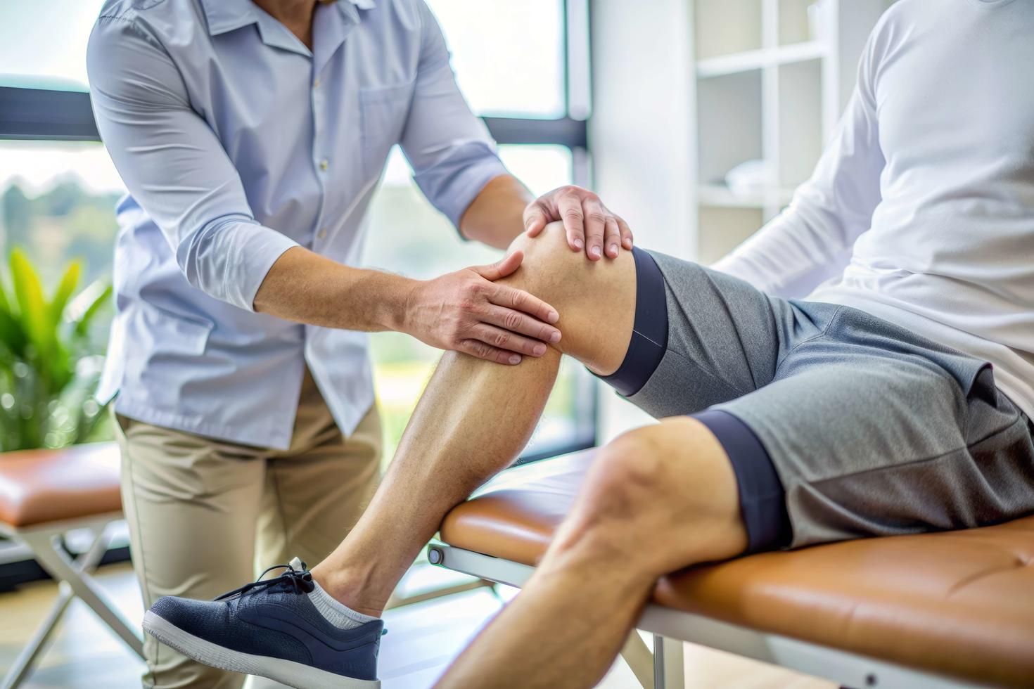 Physiotherapist performing joint therapy on a patient.