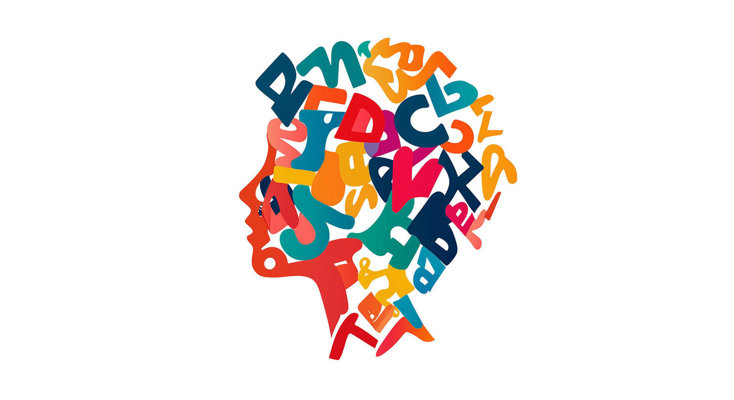 An abstract representation of a head, adorned with a multitude of colorful letters, conveying a sense of imagination