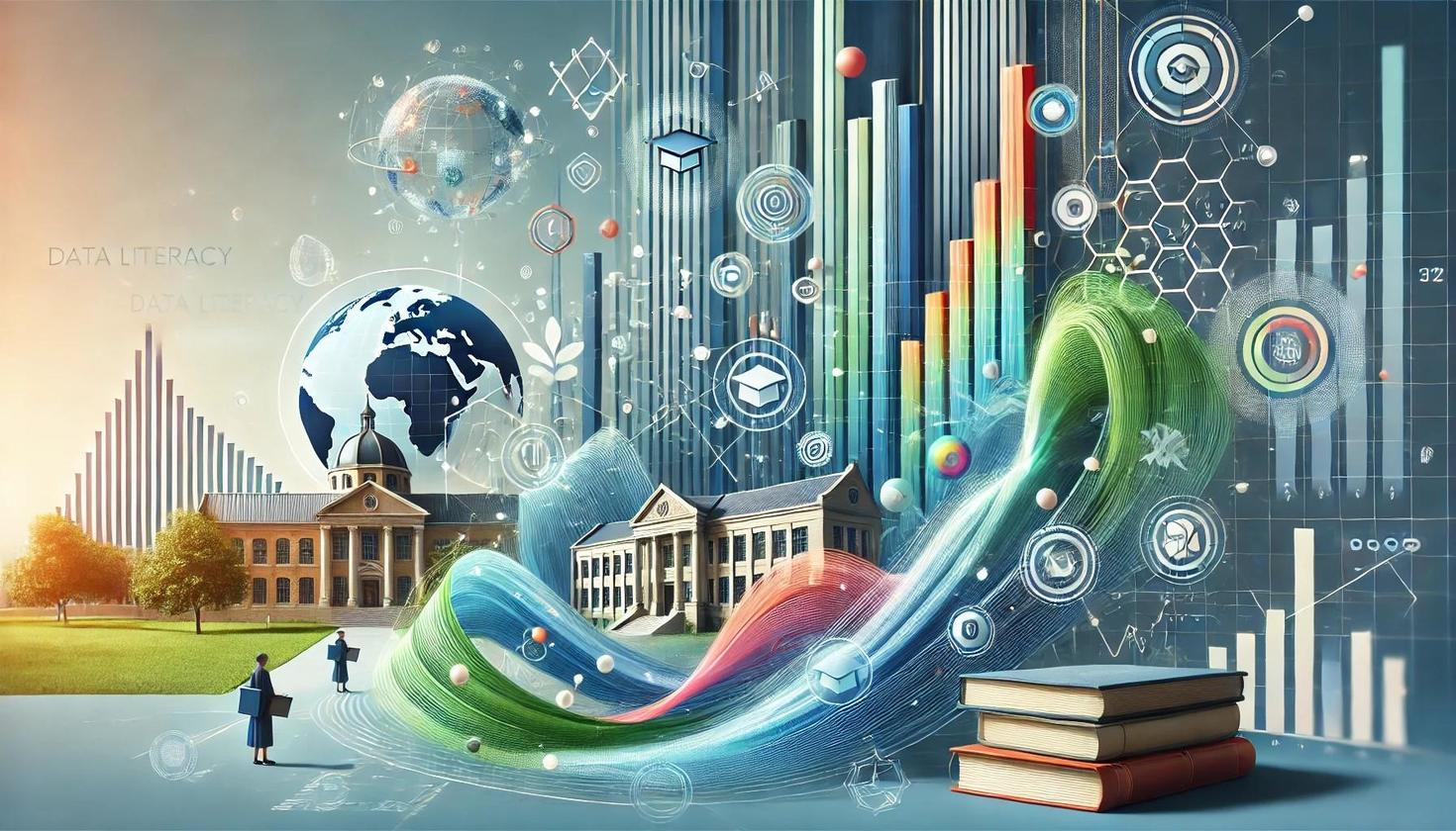 An abstract artwork a globe alongside representations of architecture and a variety of educational symbols