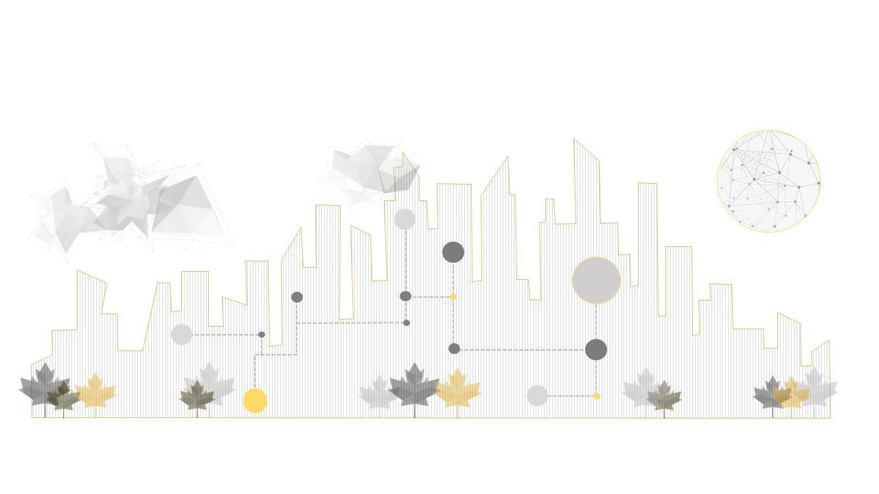 Abstract city skyline with geometric buildings, color-coded dots connected by lines, polygonal clouds, stylized sun, and trees along the bottom.