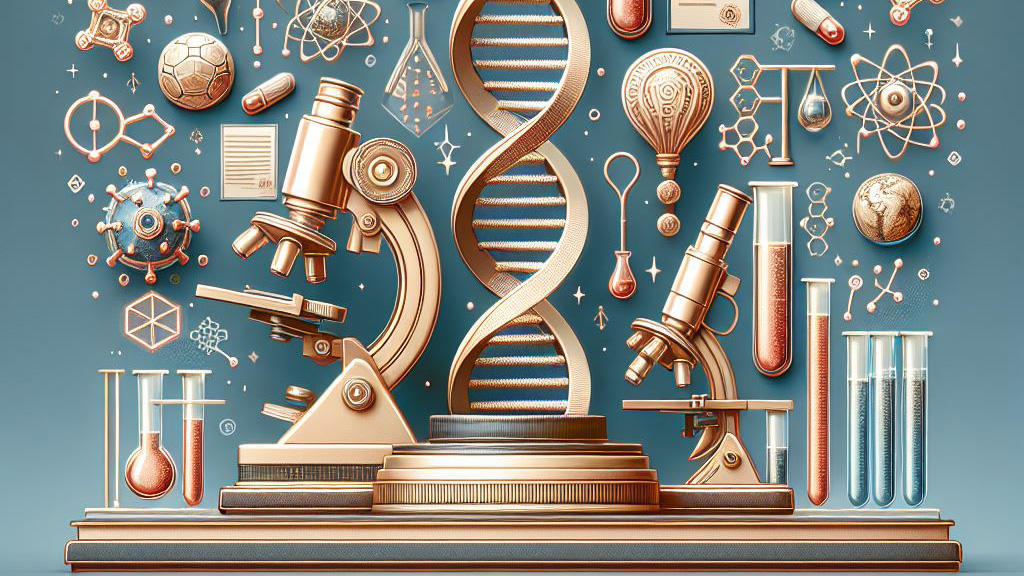 Science illustration featuring a microscope, pipette, and various laboratory items on a clean workspace