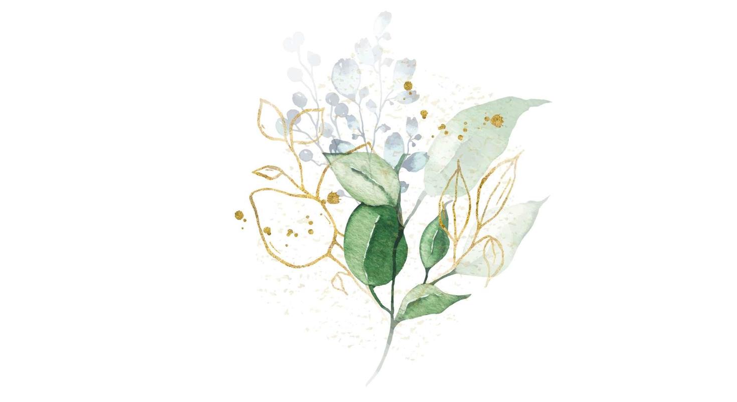 Watercolor illustration of green leaves, pale blue buds, and gold line accents on a white background.