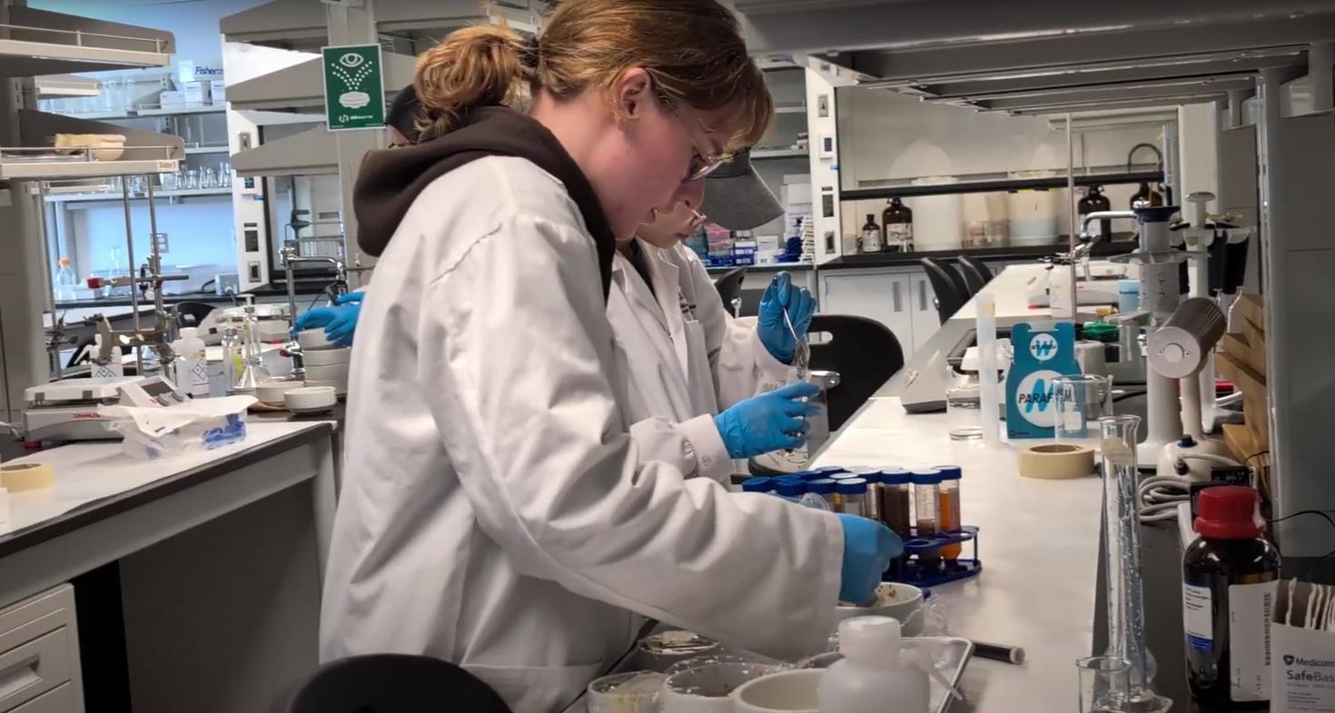 student in a lab coat and gloves working with samples in a food science laboratory.