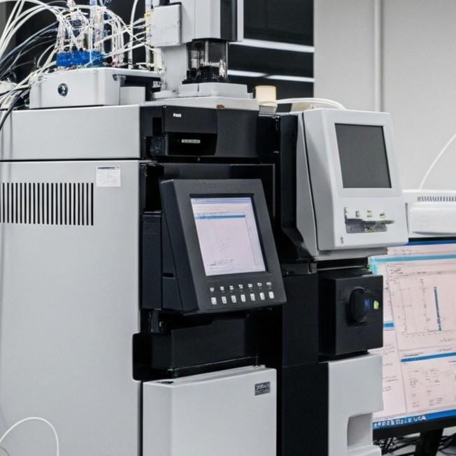 A complex laboratory machine with wires, monitors, and screens.