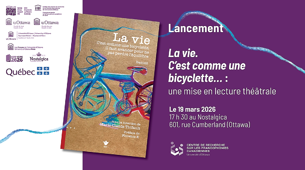 Book launch poster featuring the theatrical reading event by Professor Marie-Claude Thifault