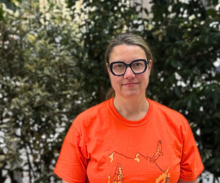 Dean Kristen Boon wearing an orange shirt in honour of Orange Shirt Day.