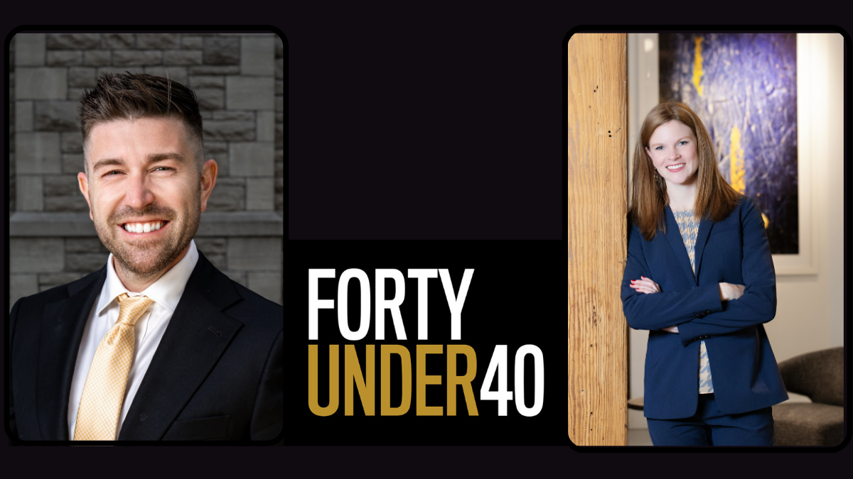 Forty under 40 logo with photo of 2 uO alumni winners