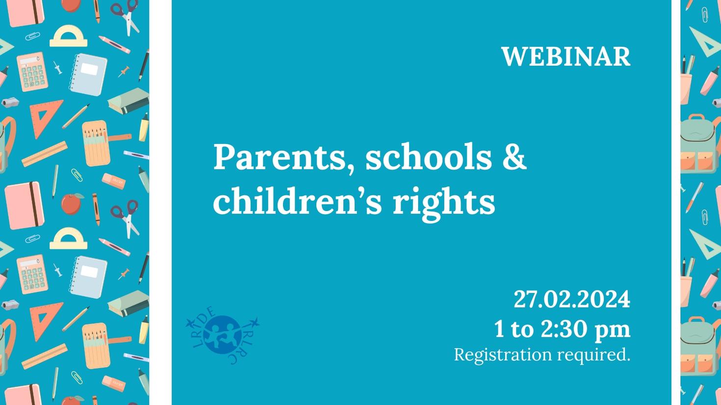 Image with school supplies for the webinar on Parents, schools and children's rights