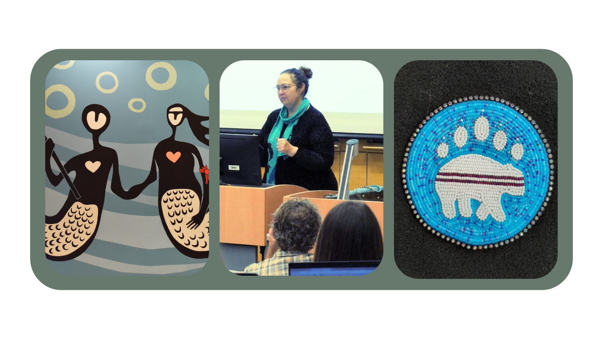 Collage of Indigenous mural, Professor Signa Daum Shanks and Abimi