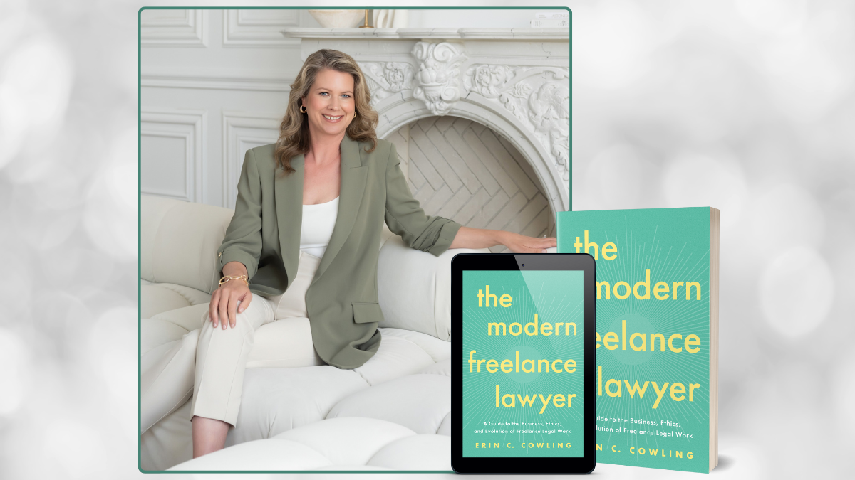 Erin Cowling and the cover of her new book, the modern freelance lawyer