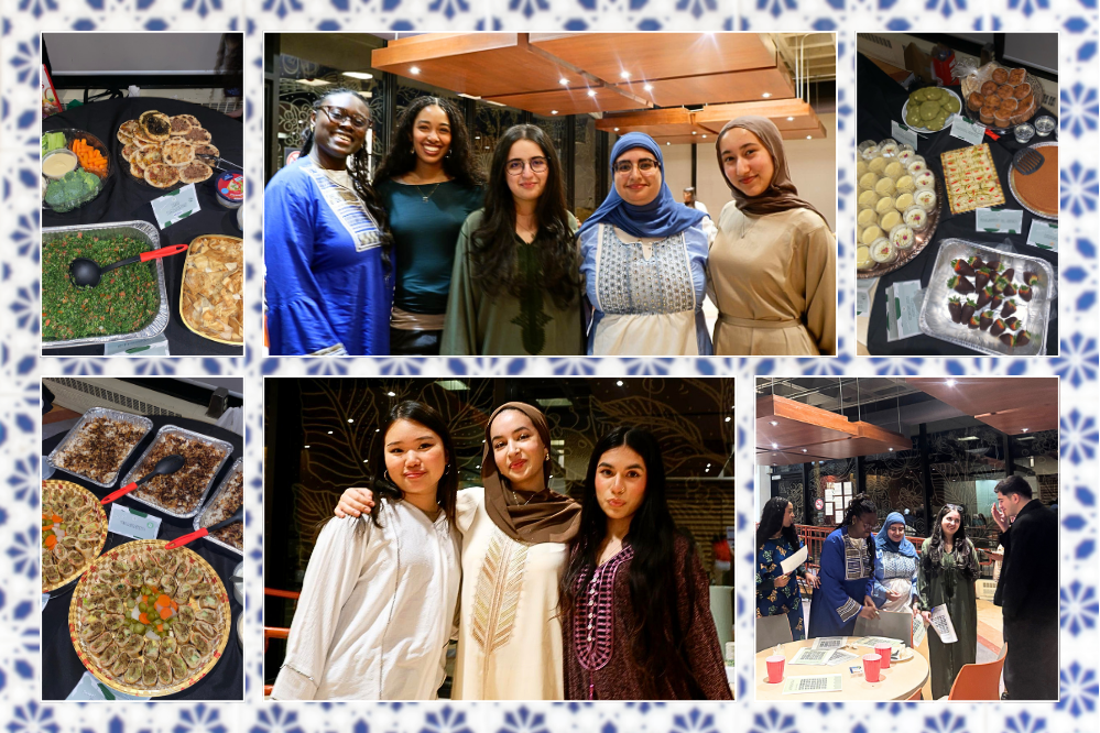 Collage of photos taken at a student event. Some show smiling people, arms around each other, while others show a banquet set up with food.