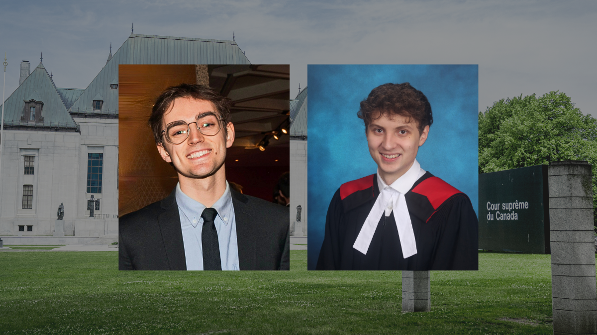 Supreme Court of Canada building in the background and two photos inset. Both photos are of young men, one is in a suit and tie, the other in a graduation gown. Both are smiling.