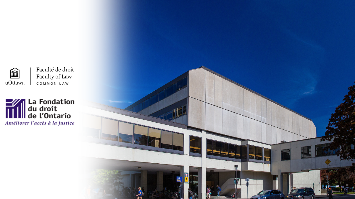 Fauteux Hall building against a blue sky with LFO logo and uOttawa Common Law logo