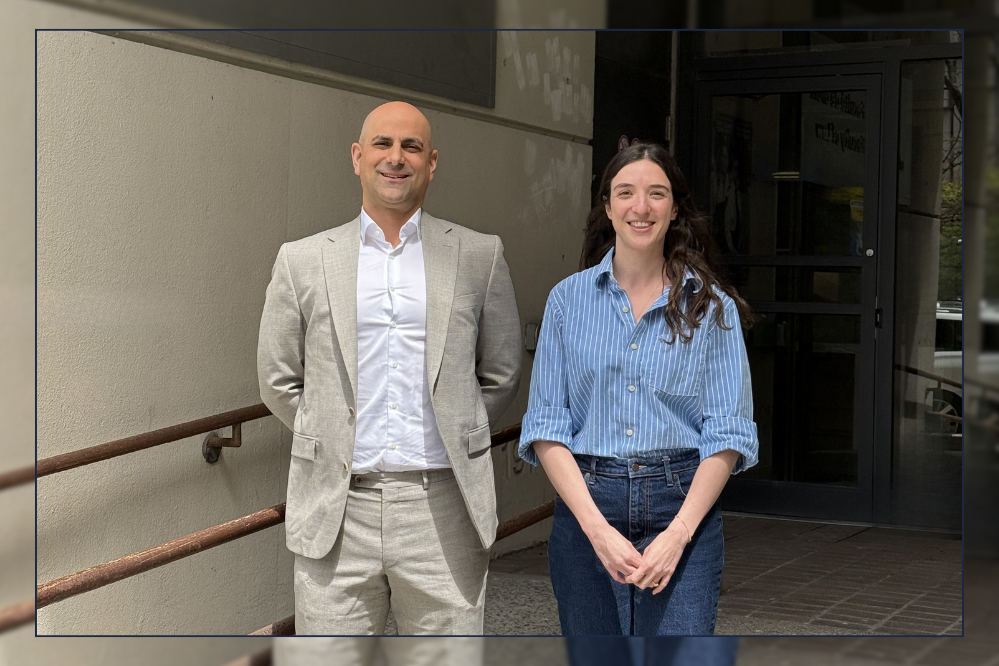 Professor Michael Pal and Maya Gazit stand in front of the law school building at University of Ottawa.