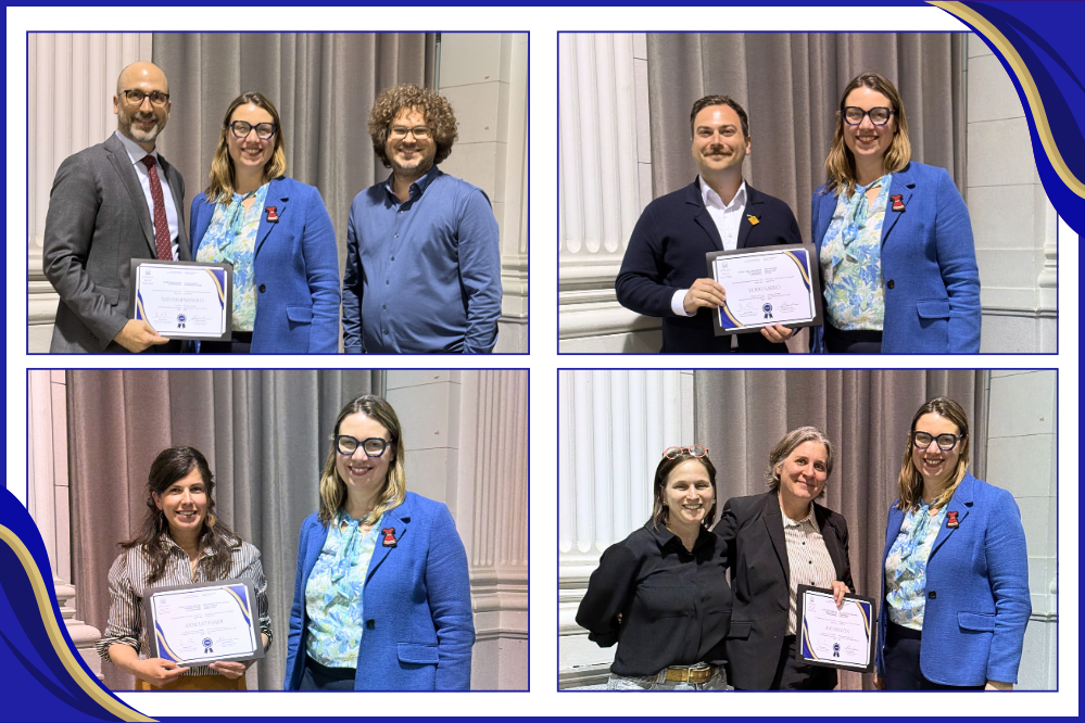 A collage of 4 photos, each featuring Dean Kristen Boon with a member of the faculty holding a certificate.
