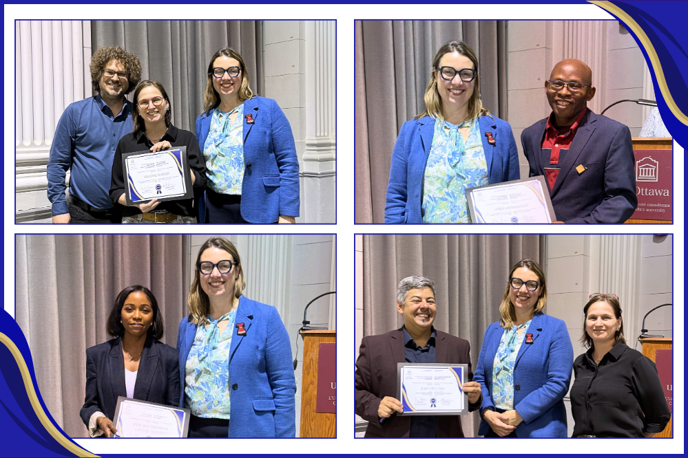Collage of four images. Each photo features Dean Kristen Boon with a different professor who is holding a certificate.
