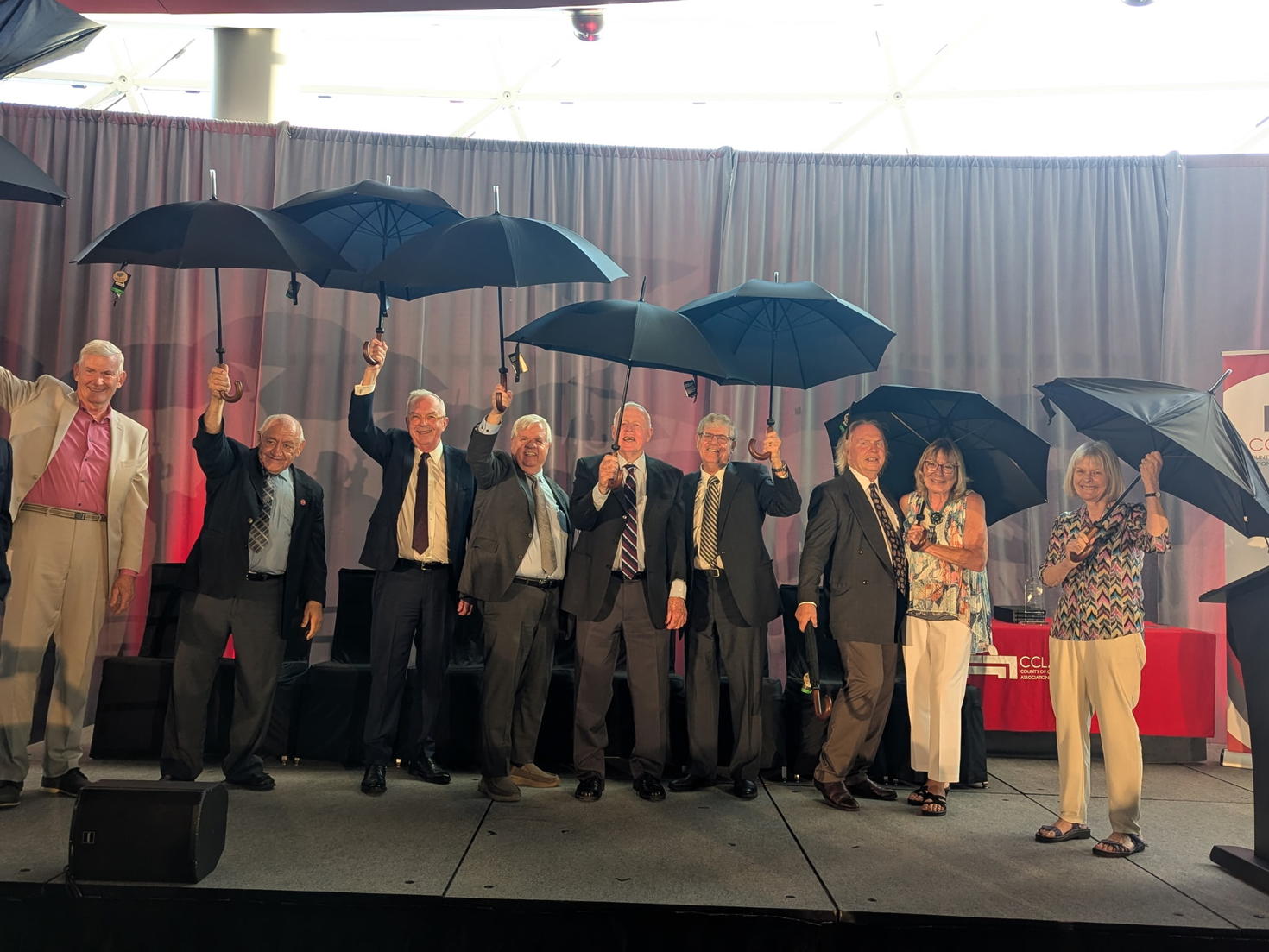 Nine gala attendees posed holding umbrellas