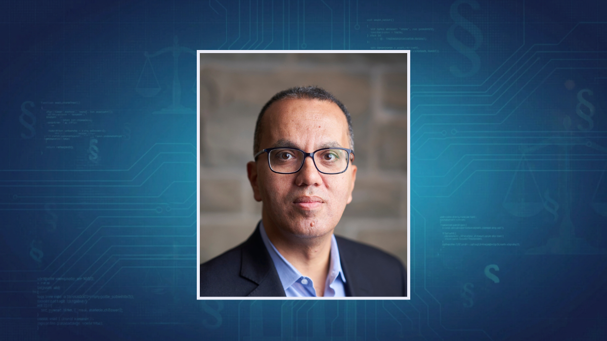 Portrait of a man with a blue graphic background