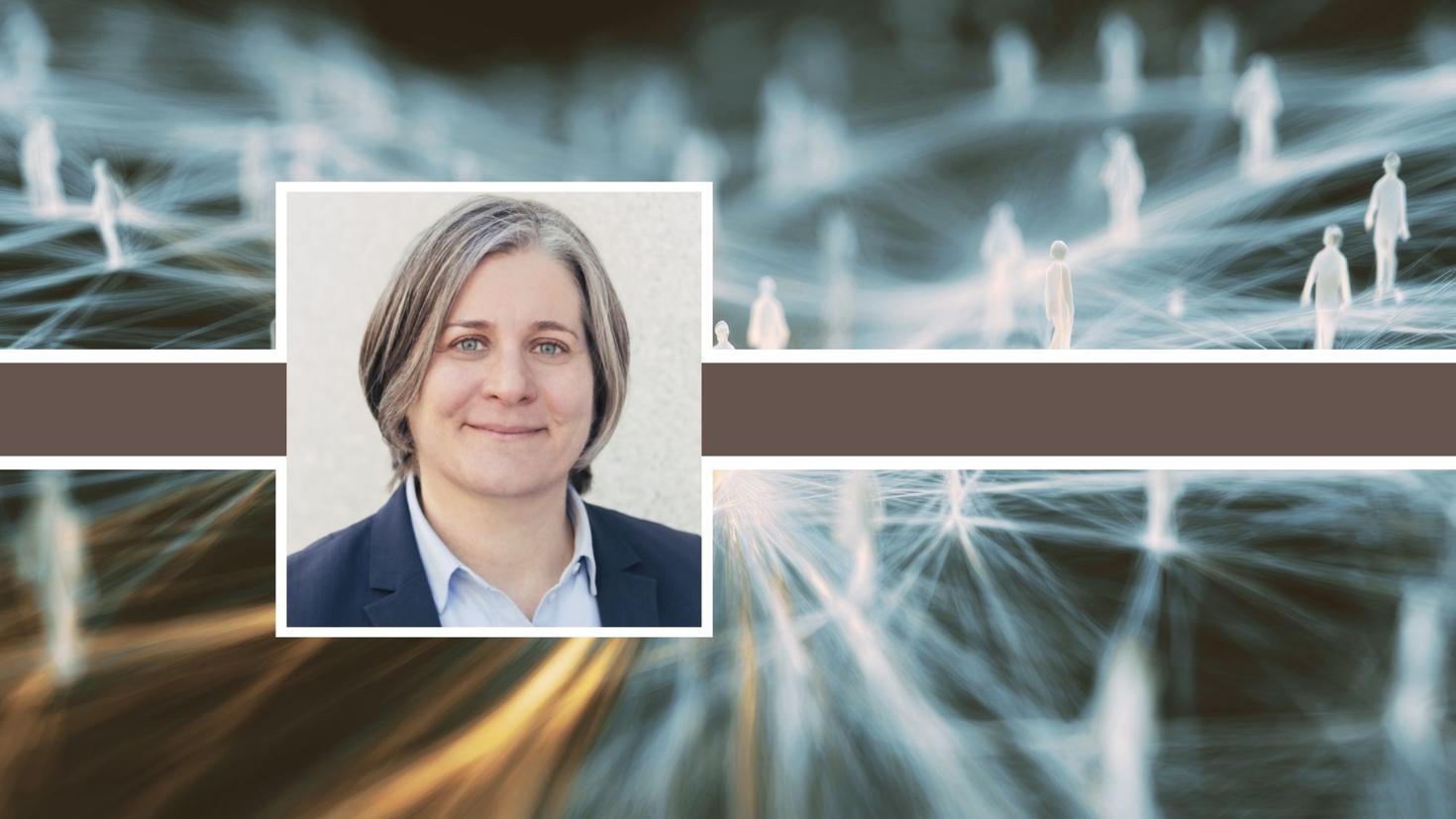 Portrait of female professor with graphic background