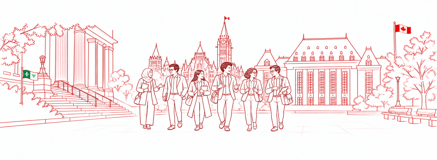 Image of students in front of Tabaret Hall, Parliament Hill and the Supreme Court of Canada.