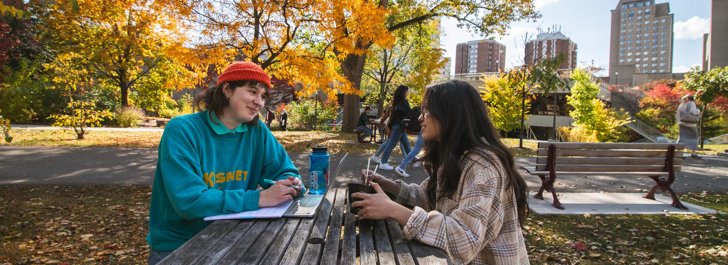 Students in the park in front of Fauteux
