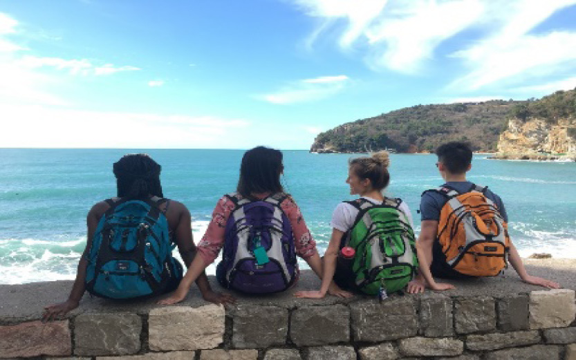 A group of medical students sitting on a rocky beach in Montenegro