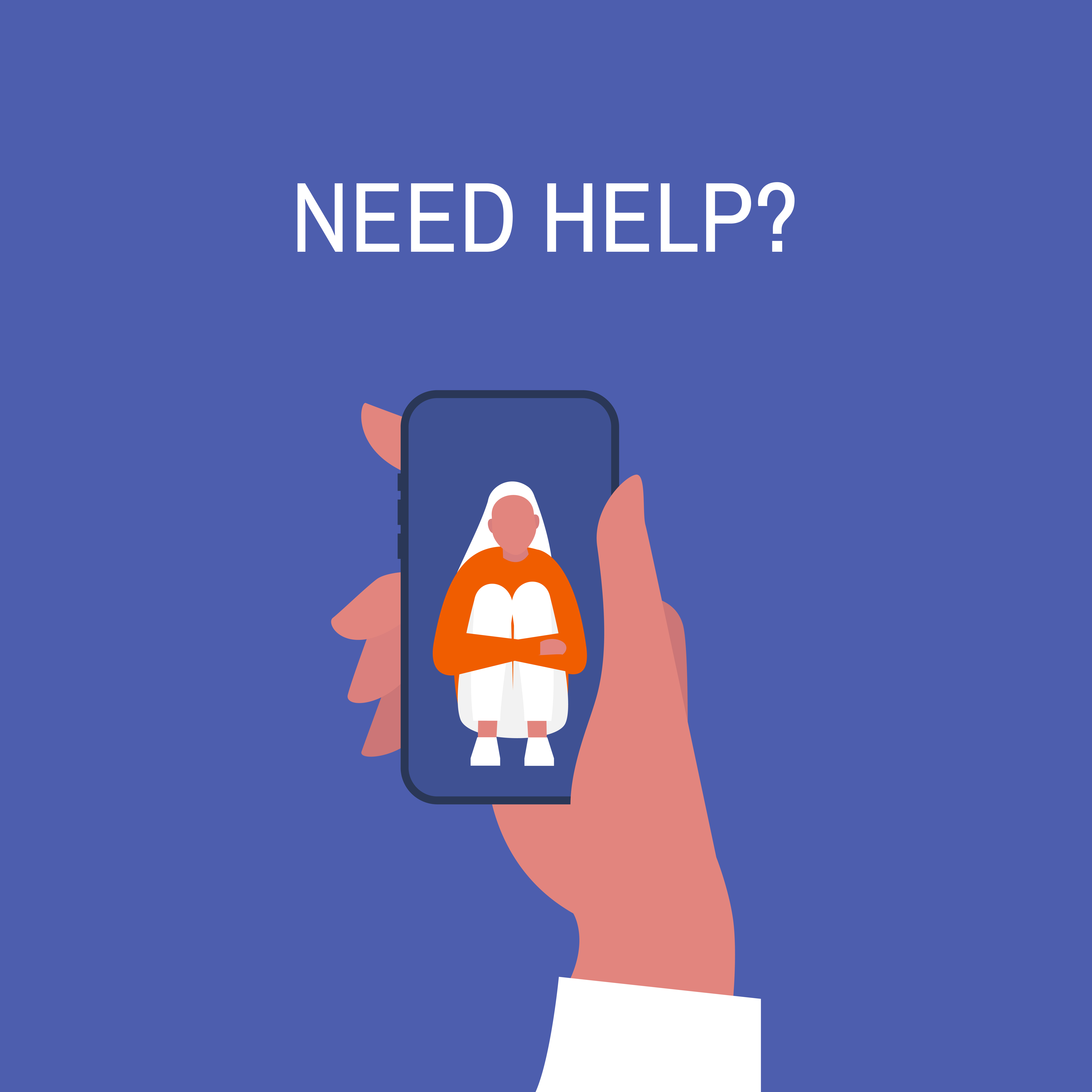 Hand holding smartphone with text on top: Need help?