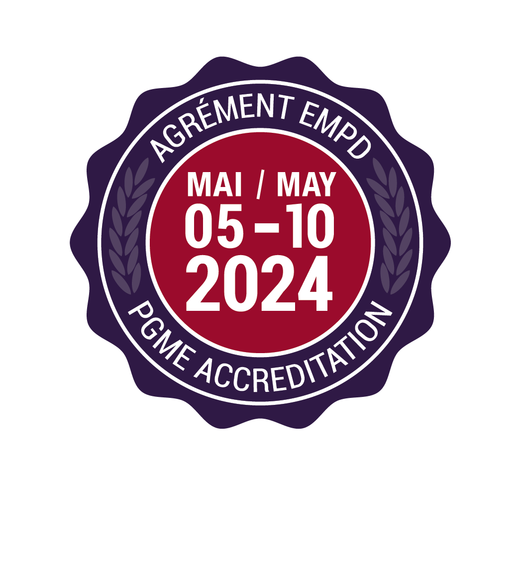 purple circle with red button that reads PGME Accreditation May 05 to 10 2024