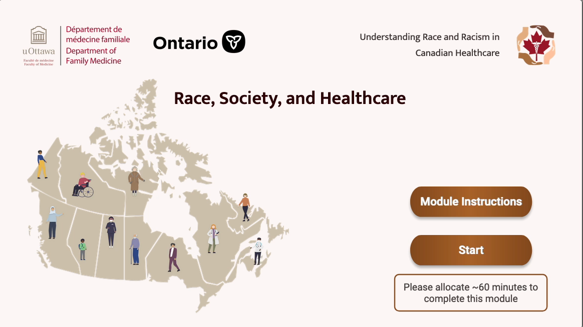 screenshot of the anti racism module start page. includes a map of canada with figures of different races