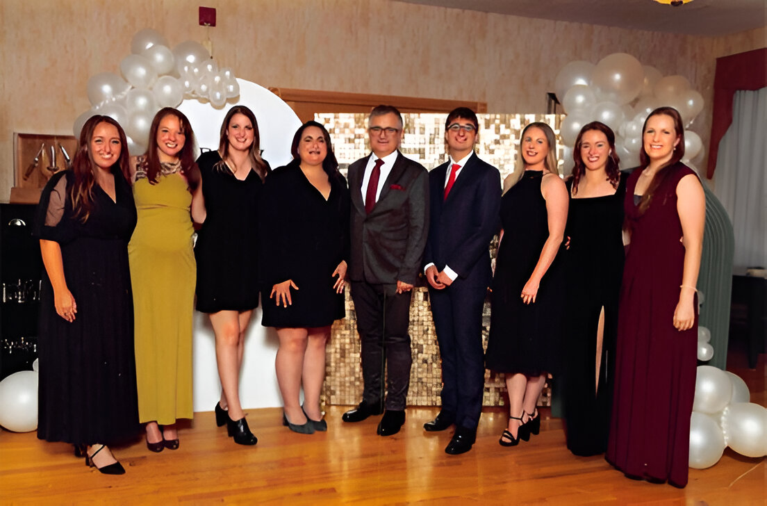 October 2023 Pembroke Regional Hospital Black & White Gala. Left to Right Maddie Nolan PGY1, Beth Crawford PGY1, Hannah Hopper PGY2, Doniya Quenneville PGY2, Dr. Declan Rowan (staff physician), Dr. Richard Johnson, Assistant Professor, Erin Ferrie PGY1, Taylor Wilkins PGY1 & Elisa Christinck PGY1