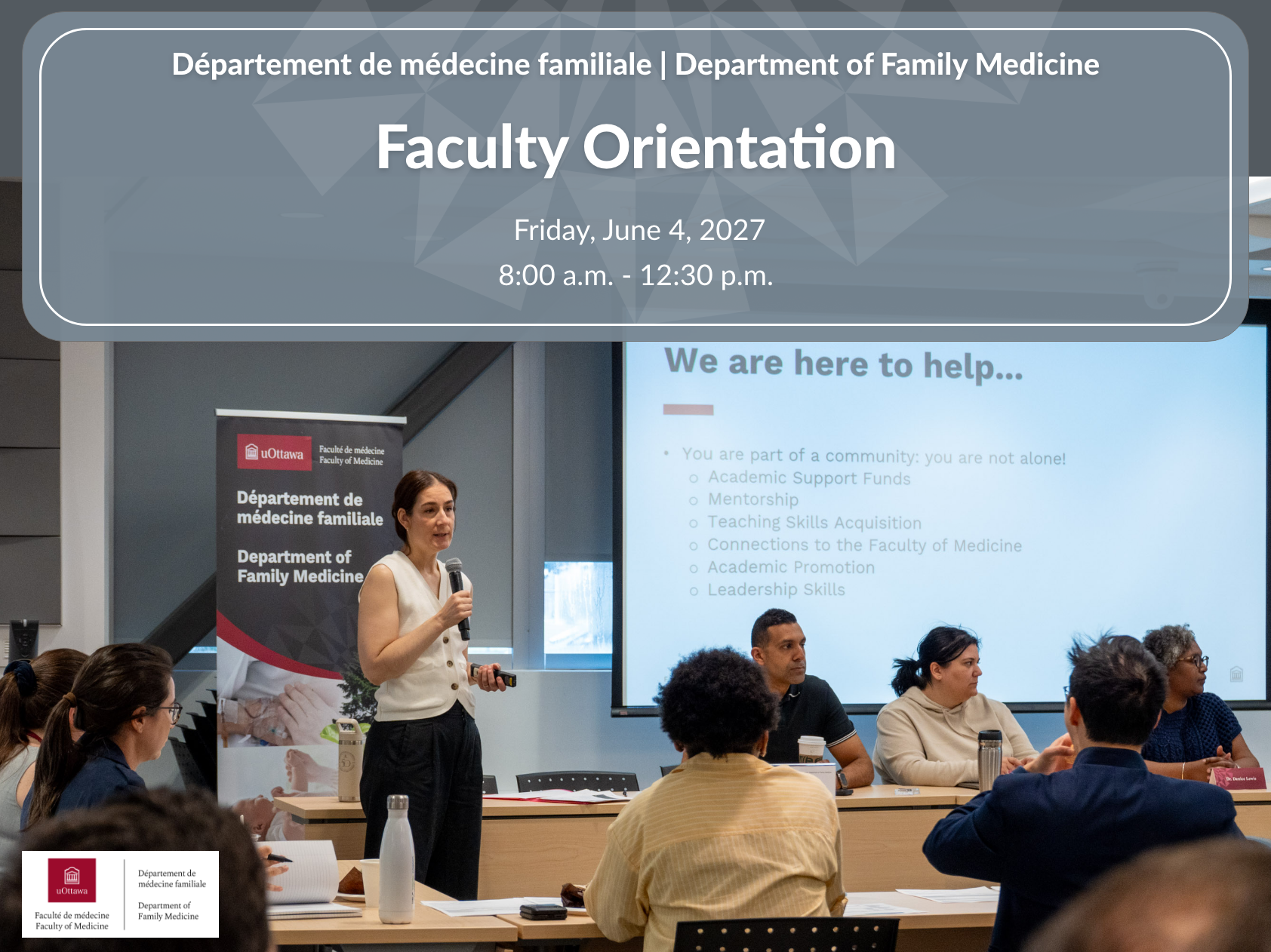 A green banner overlayed on a presentation photo displaying information for Faculty Orientation