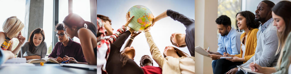 Group of people holding up a globe with their hands