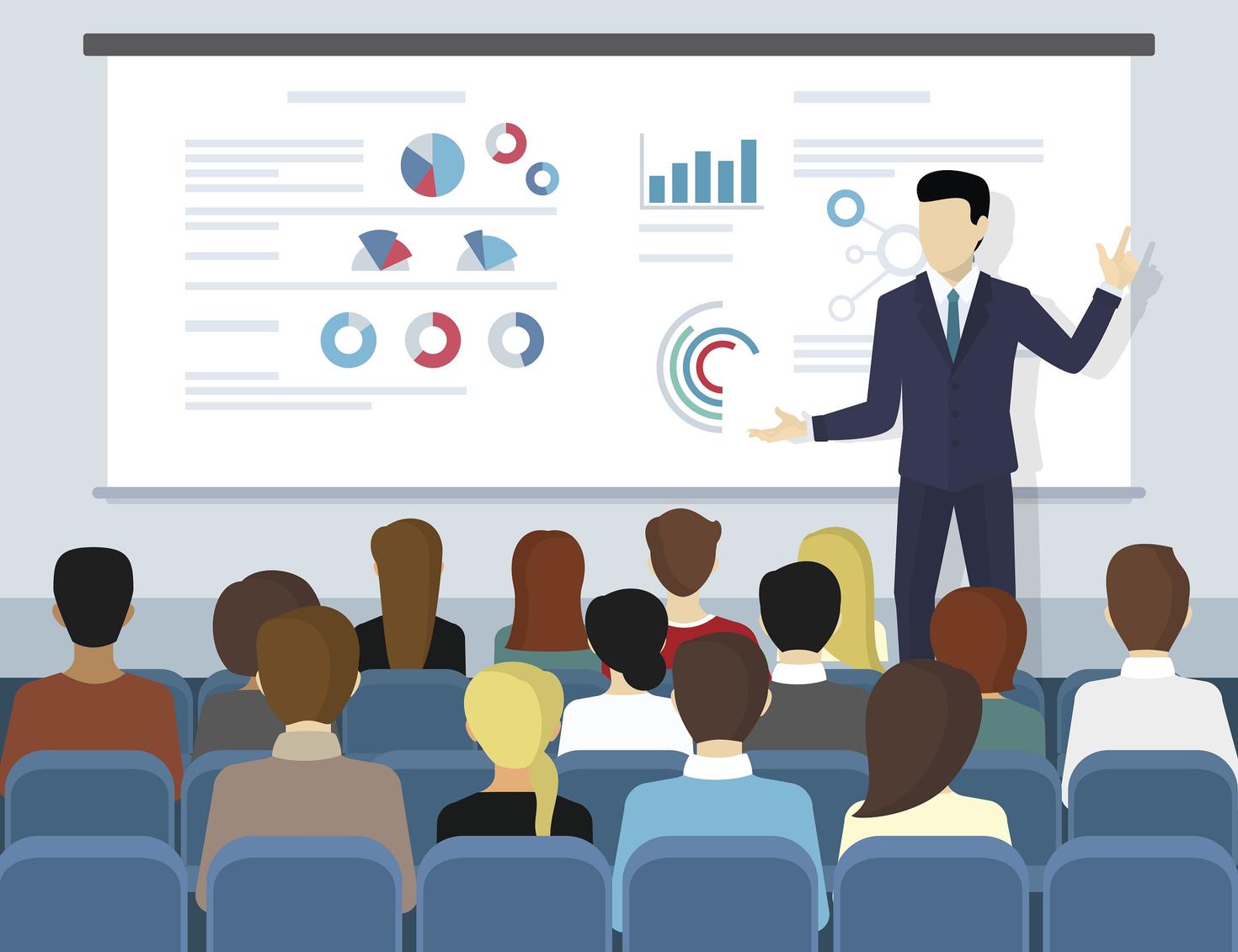 Business seminar speaker doing presentation and professional training stock