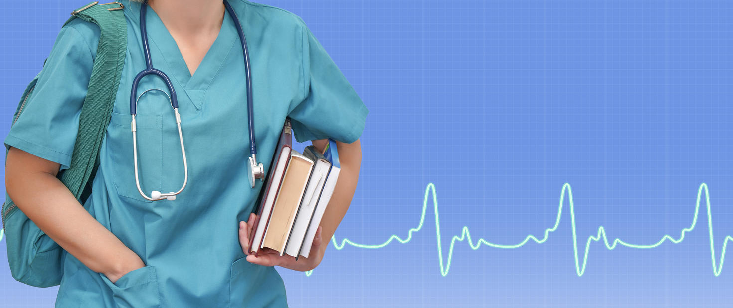 Female resident with her books, backpack, stethoscope on blue background electrocardiogram
