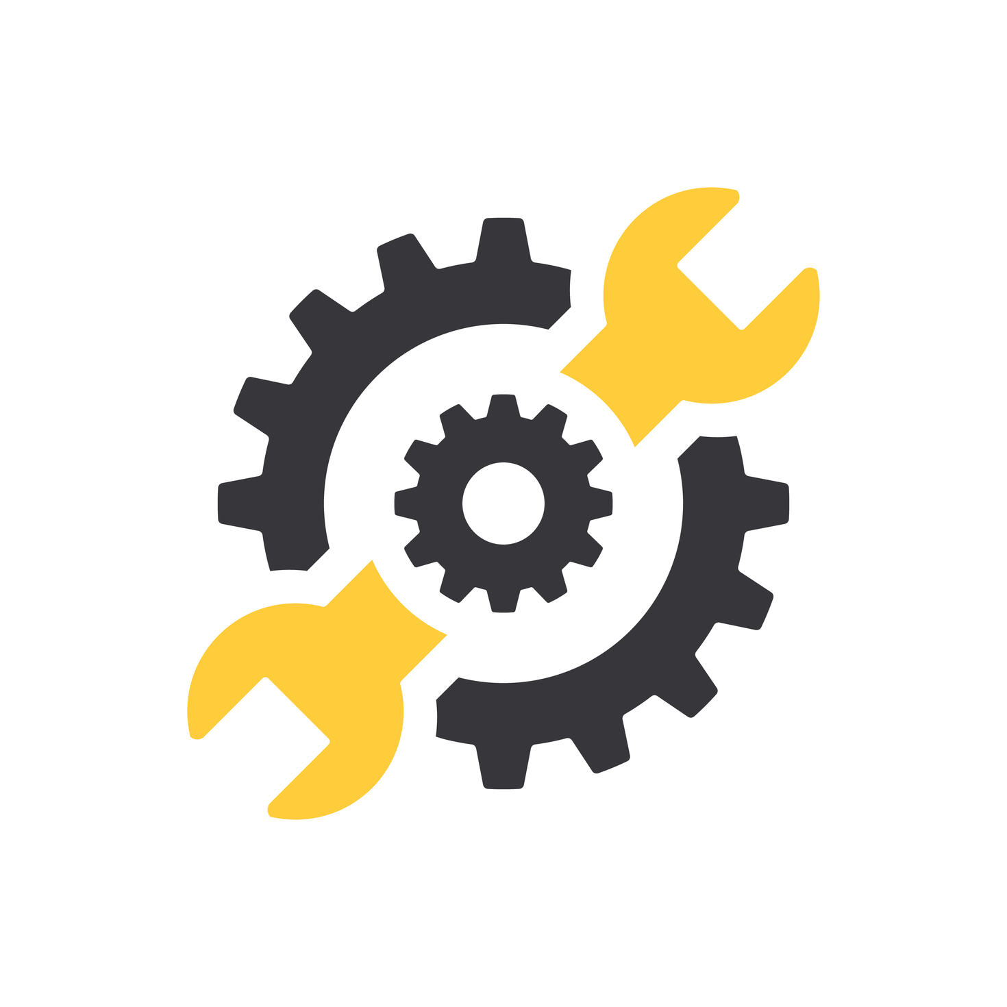 Two interlocking gears with two yellow wrenches icon