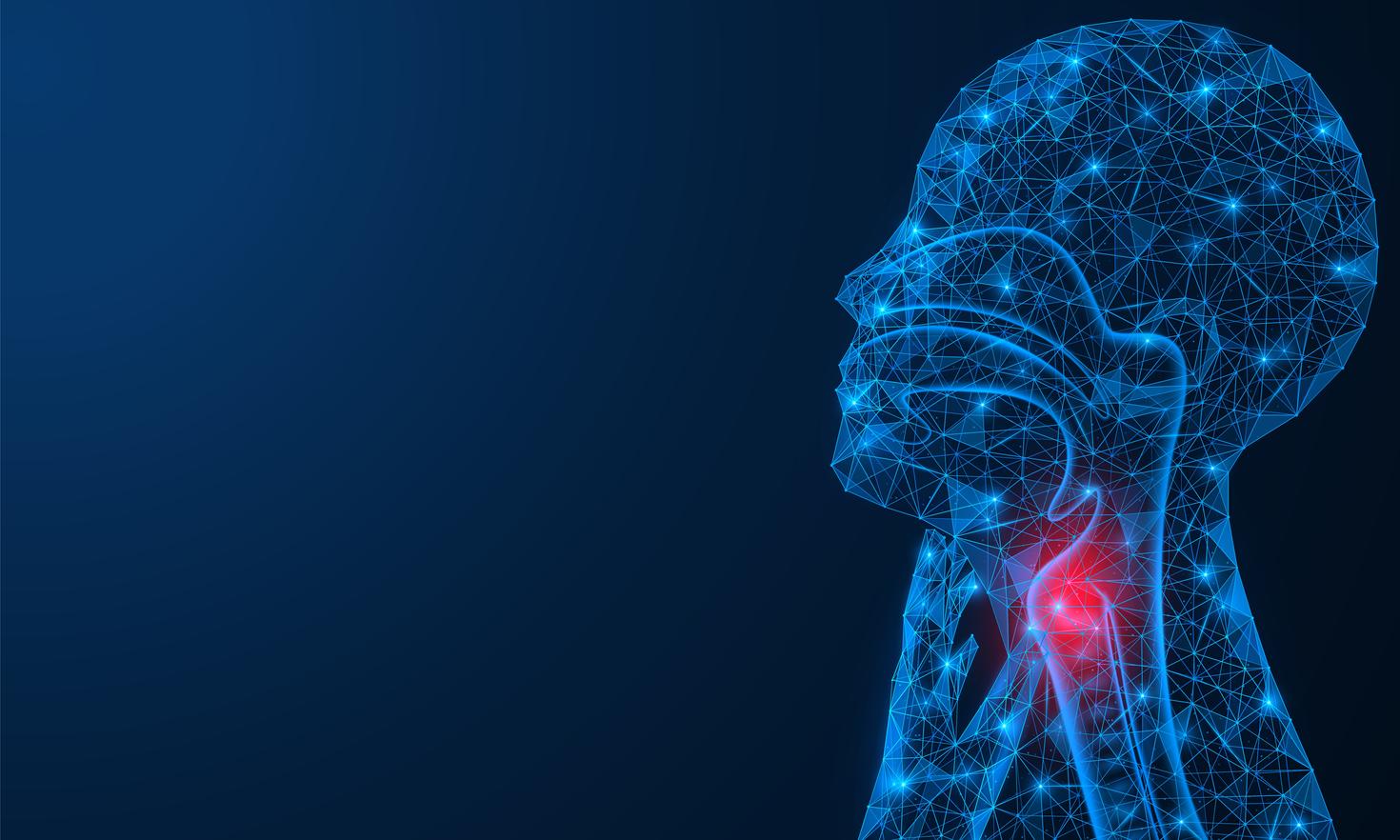 Redness and sore throat. A person touches a sore neck. A low-poly construction of interconnected lines and dots. Blue background.