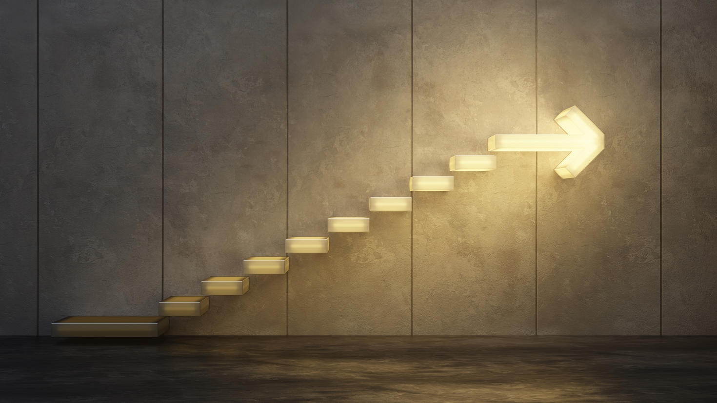 Lighted stairs climbing upwards with lighted arrow at the top of the stairs pointing right
