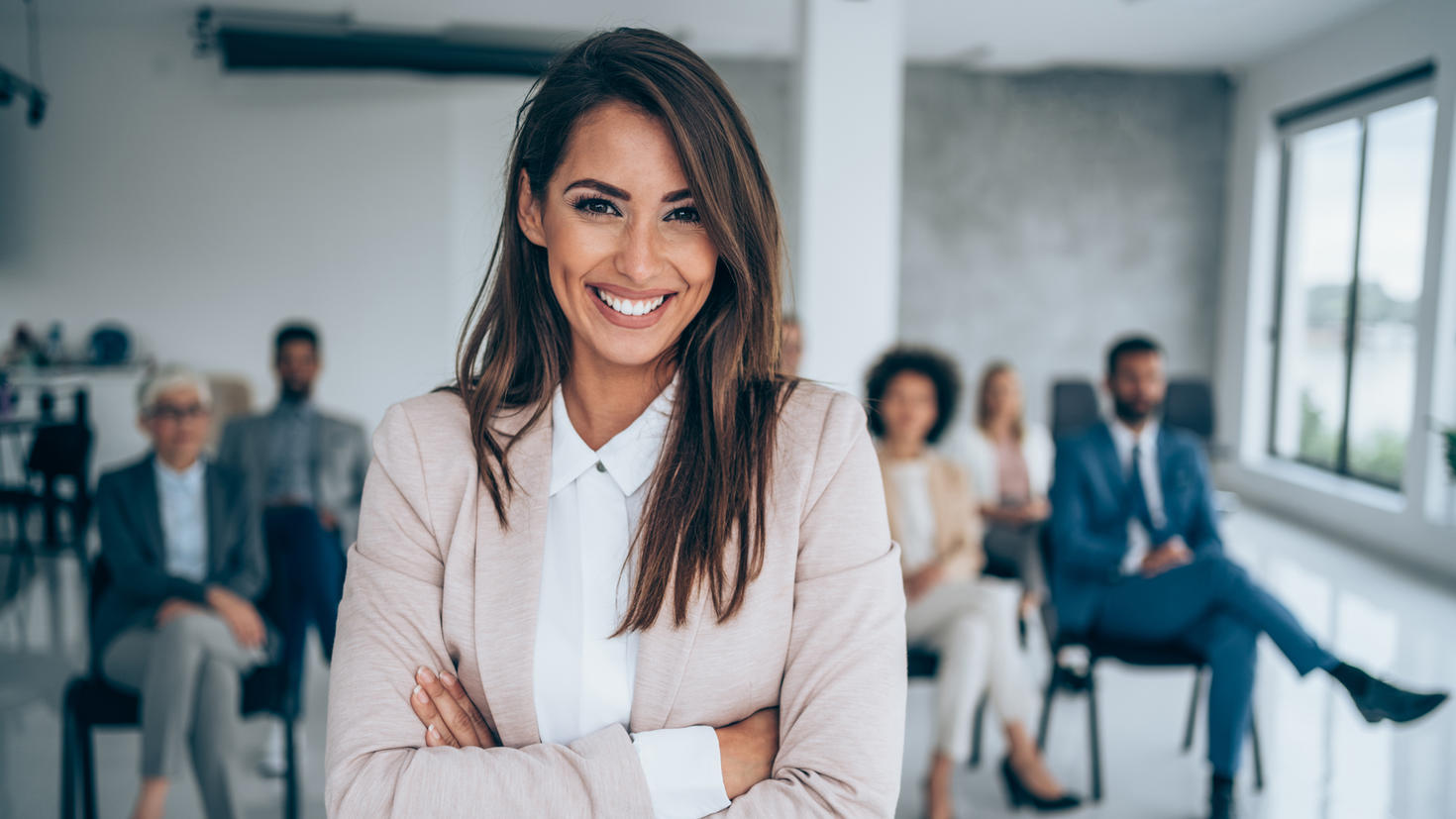 Smiling female seminar speaker