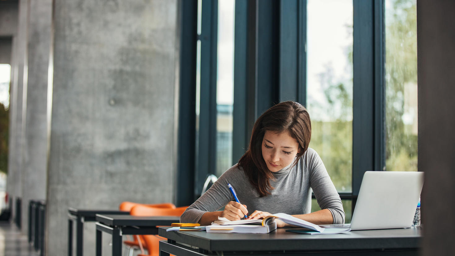 Female student studying at a desk beside a big window