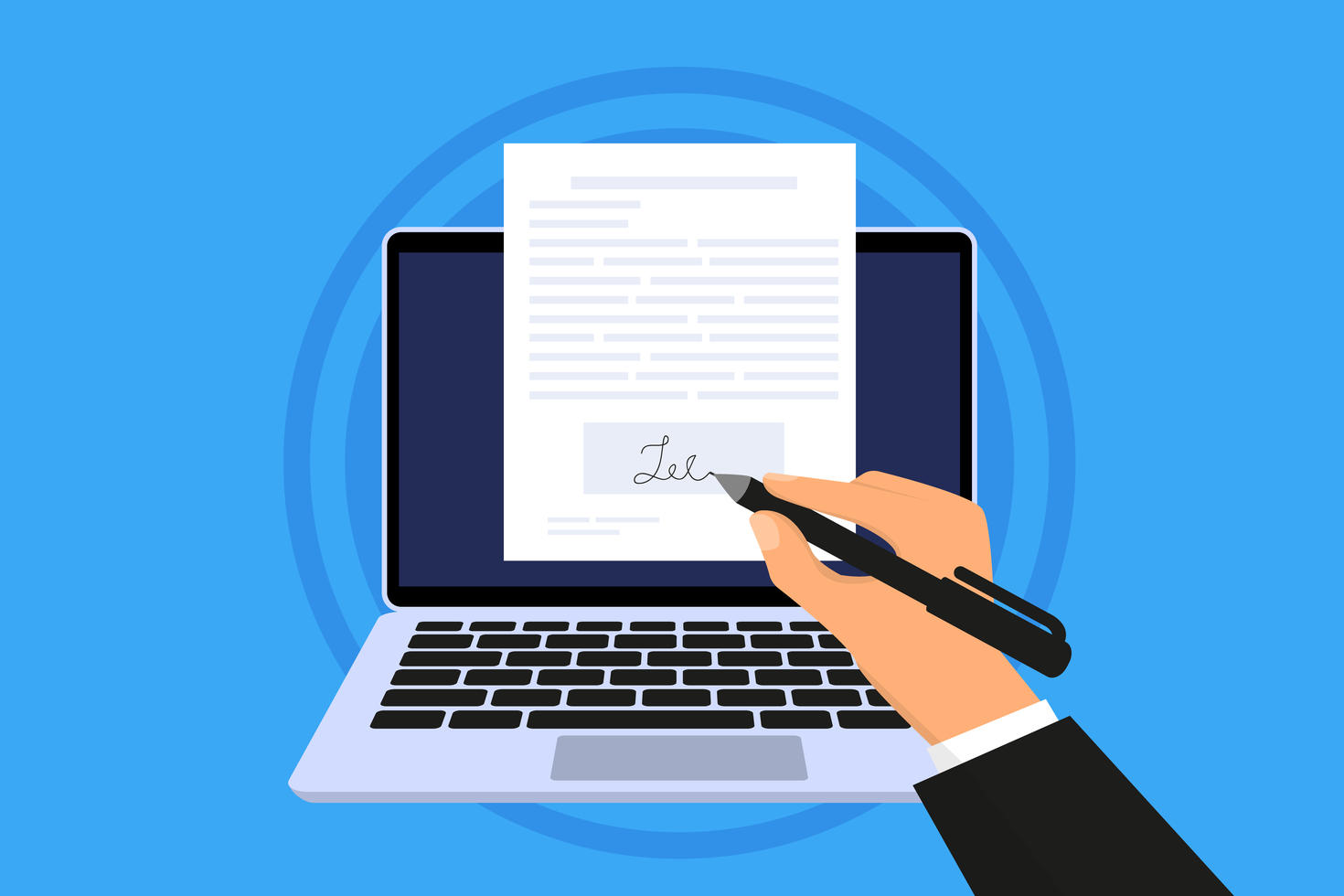 A laptop and a document with a pen