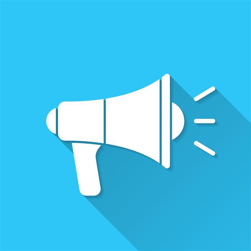 White icon of "Megaphone" in a flat design style isolated on a blue background and with a long shadow effect.
