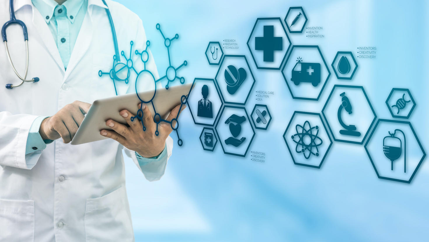 Doctor in hospital with medical icons modern interface showing symbol of medicine, innovation, medical treatment, emergency service, doctoral data and patient health.