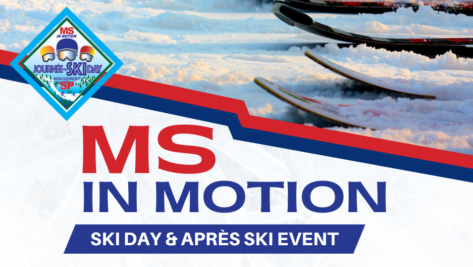 Background image of skis with MS in Motion logo. "MS in Motion. Ski Day & Après Ski Event"