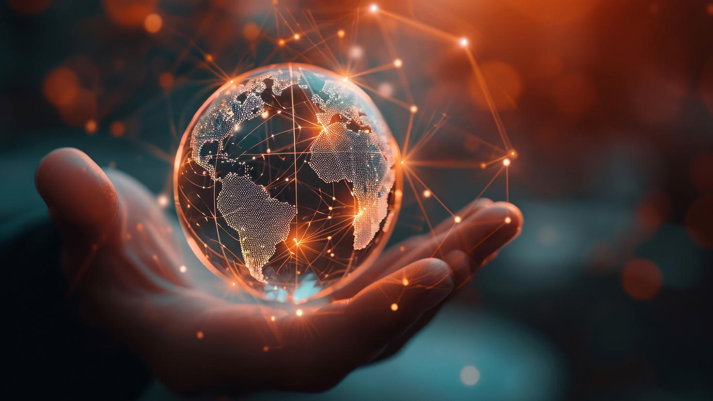 A glowing digital globe hovering above an outstretched hand, symbolizing innovation, technology and global research collaboration.